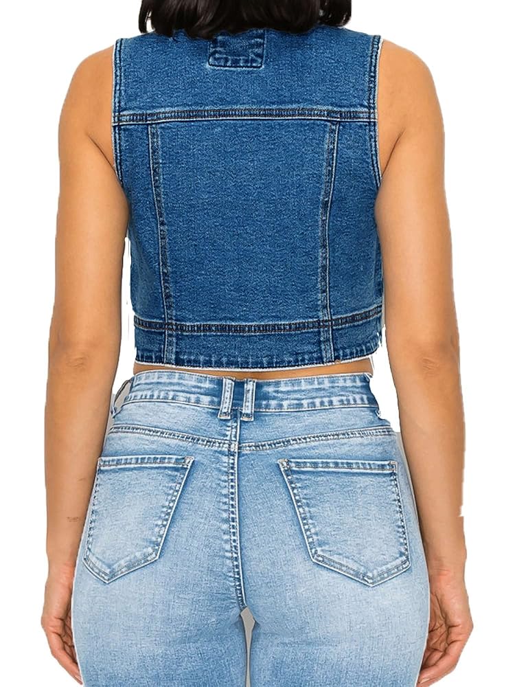 FashionMille Women Button Up Sleeveless Distressed Boxy Jean